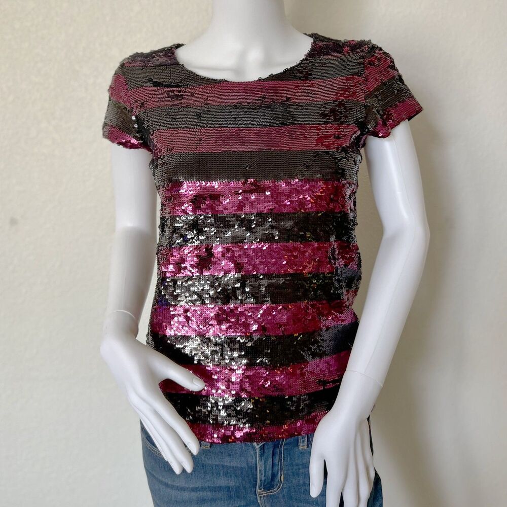 Alice + Olivia Striped Sequin Short Sleeve Top Pink Black Size S Like New